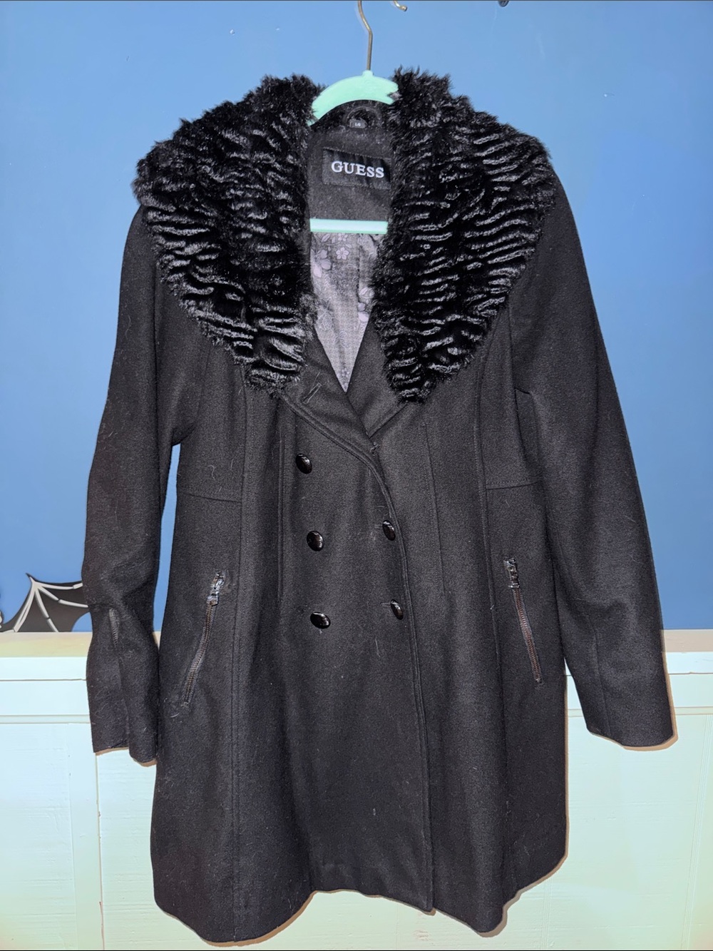 GUESS Black Double-Breasted Wool-Blend Pea Coat with Faux Fur Collar